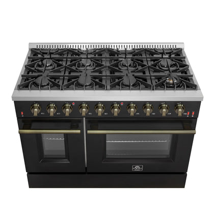 Forno Galiano 48-Inch Gas Range with 8 Burners and  6.58 Cu.Ft. Double Convection Oven in Black with Antique Brass Trim  - FFSGS6244-48BLK