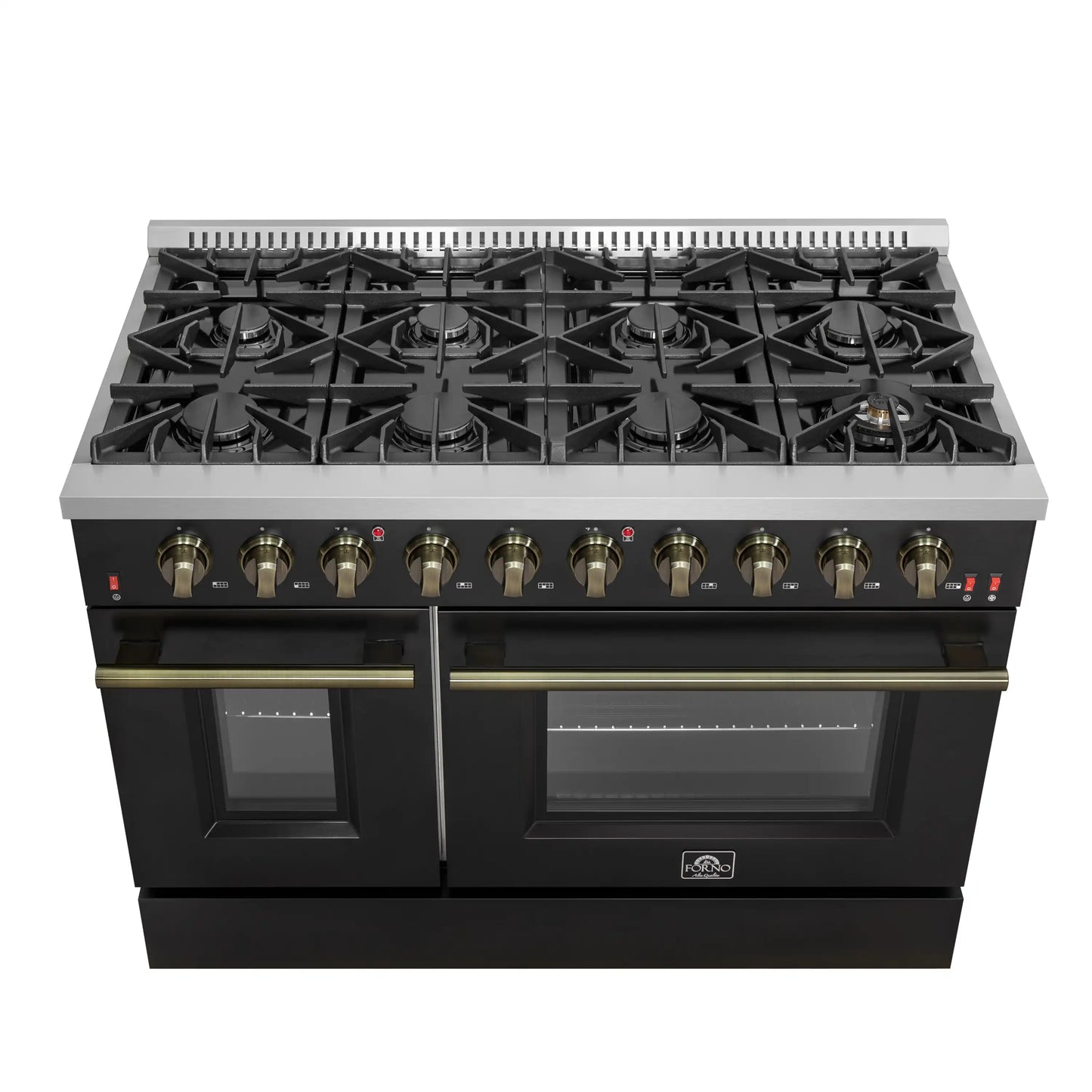 Forno Galiano 5-Piece Appliance Package - 48-Inch Gas Range, 48-Inch Hood, 36-Inch Refrigerator, 24-Inch Dishwasher, & 24-Inch Microwave Oven in Black with Antique Brass Trim - AP5-6244-48BLK-MWO24