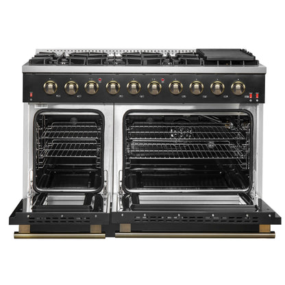 Forno 5-Piece Appliance Package - 48-Inch Gas Range, Wall Mount Range Hood, 60-Inch Refrigerator, Dishwasher, and 30-Inch Microwave Drawer in Black with Antique Brass Handle - AP5-6244-48BLK-5095-60MG-MD30