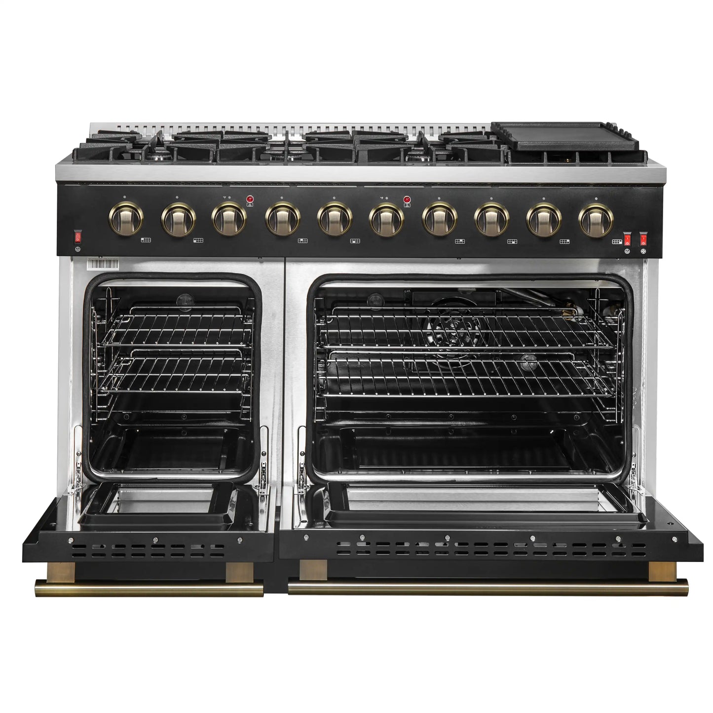 Forno Galiano 5-Piece Appliance Package - 48-Inch Gas Range, 48-Inch Hood, 36-Inch Refrigerator, 24-Inch Dishwasher, & 24-Inch Microwave Oven in Black with Antique Brass Trim - AP5-6244-48BLK-MWO24