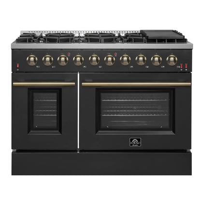 Forno Galiano 48-Inch Gas Range with 8 Burners and  6.58 Cu.Ft. Double Convection Oven in Black with Antique Brass Trim  - FFSGS6244-48BLK