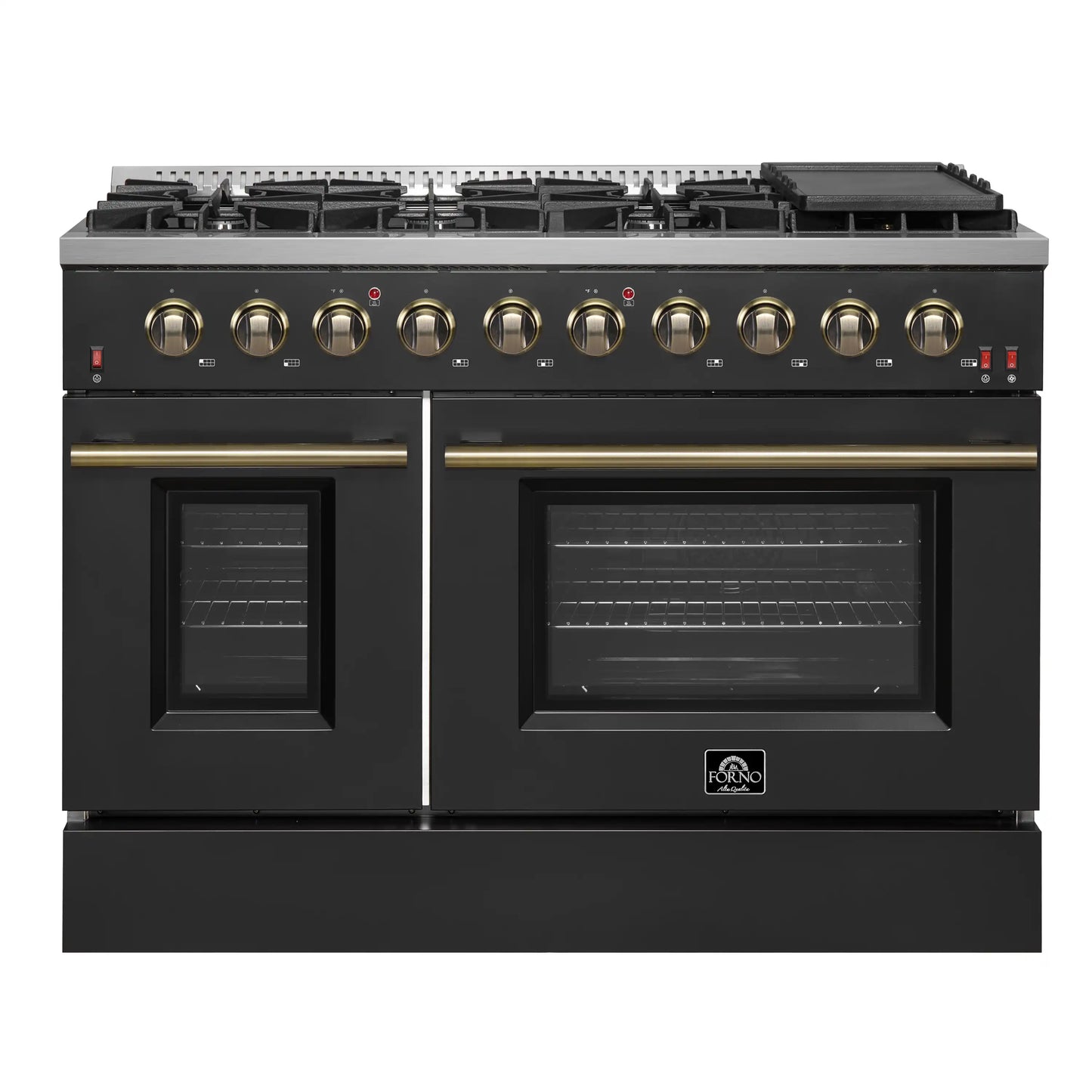 Forno 5-Piece Appliance Package - 48-Inch Gas Range, 60-Inch Convertible Refrigerator with Modern Trim, Dishwasher, and 30-Inch Microwave Oven in Black with Antique Brass Handle - AP5-6244-48BLK-MWO30-60MG