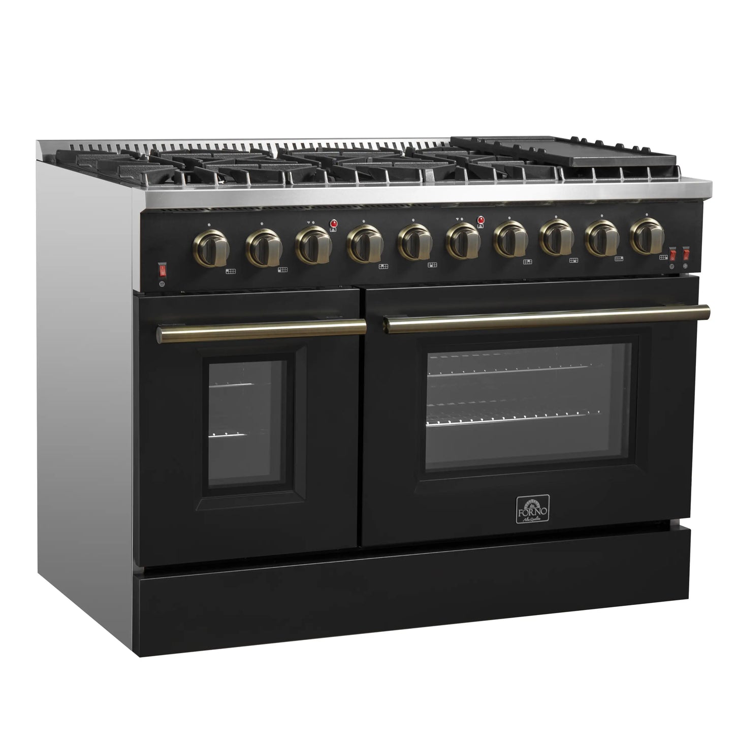 Forno 5-Piece Appliance Package - 48-Inch Gas Range, Wall Mount Range Hood, 60-Inch Refrigerator, Dishwasher, and 24-Inch Microwave Drawer in Black with Antique Brass Handle - AP5-6244-48BLK-5095-60MG-MD24