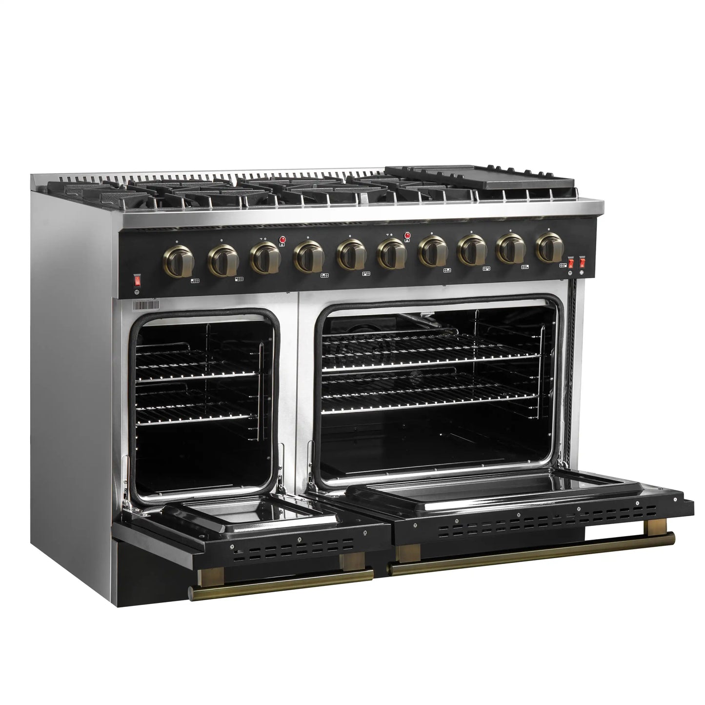 Forno 5-Piece Appliance Package - 48-Inch Gas Range, Wall Mount Range Hood, 60-Inch Refrigerator, Dishwasher, and 30-Inch Microwave Drawer in Black with Antique Brass Handle - AP5-6244-48BLK-5095-60MG-MD30