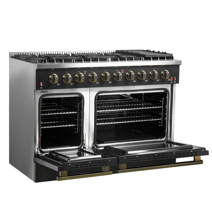 Forno 5-Piece Appliance Package - 48-Inch Gas Range, Wall Mount Range Hood, 60-Inch Refrigerator, Dishwasher, and 30-Inch Microwave Drawer in Black with Antique Brass Handle - AP5-6244-48BLK-5095-60MG-MD30