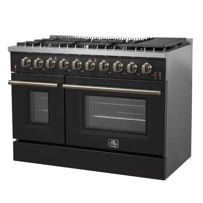 Forno 5-Piece Appliance Package - 48-Inch Gas Range, Wall Mount Range Hood, 60-Inch Refrigerator, Dishwasher, and 30-Inch Microwave Drawer in Black with Antique Brass Handle - AP5-6244-48BLK-5095-60MG-MD30