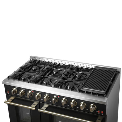 Forno Galiano 48-Inch Gas Range with 8 Burners and  6.58 Cu.Ft. Double Convection Oven in Black with Antique Brass Trim  - FFSGS6244-48BLK
