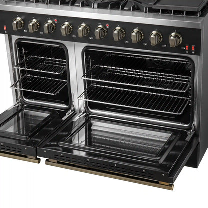 Forno Galiano 5-Piece Appliance Package - 48-Inch Gas Range, 48-Inch Hood, 36-Inch Refrigerator, 24-Inch Dishwasher, & 24-Inch Microwave Oven in Black with Antique Brass Trim - AP5-6244-48BLK-MWO24