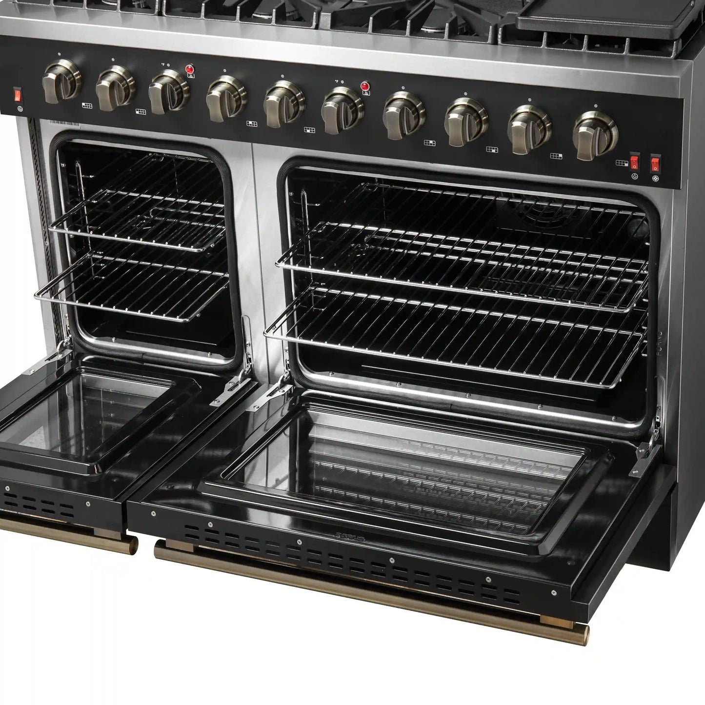 Forno 5-Piece Appliance Package - 48-Inch Gas Range, 60-Inch Convertible Refrigerator with Modern Trim, Dishwasher, and 24-Inch Microwave Drawer in Black with Antique Brass Handle - AP5-6244-48BLK-MWD24-60MG
