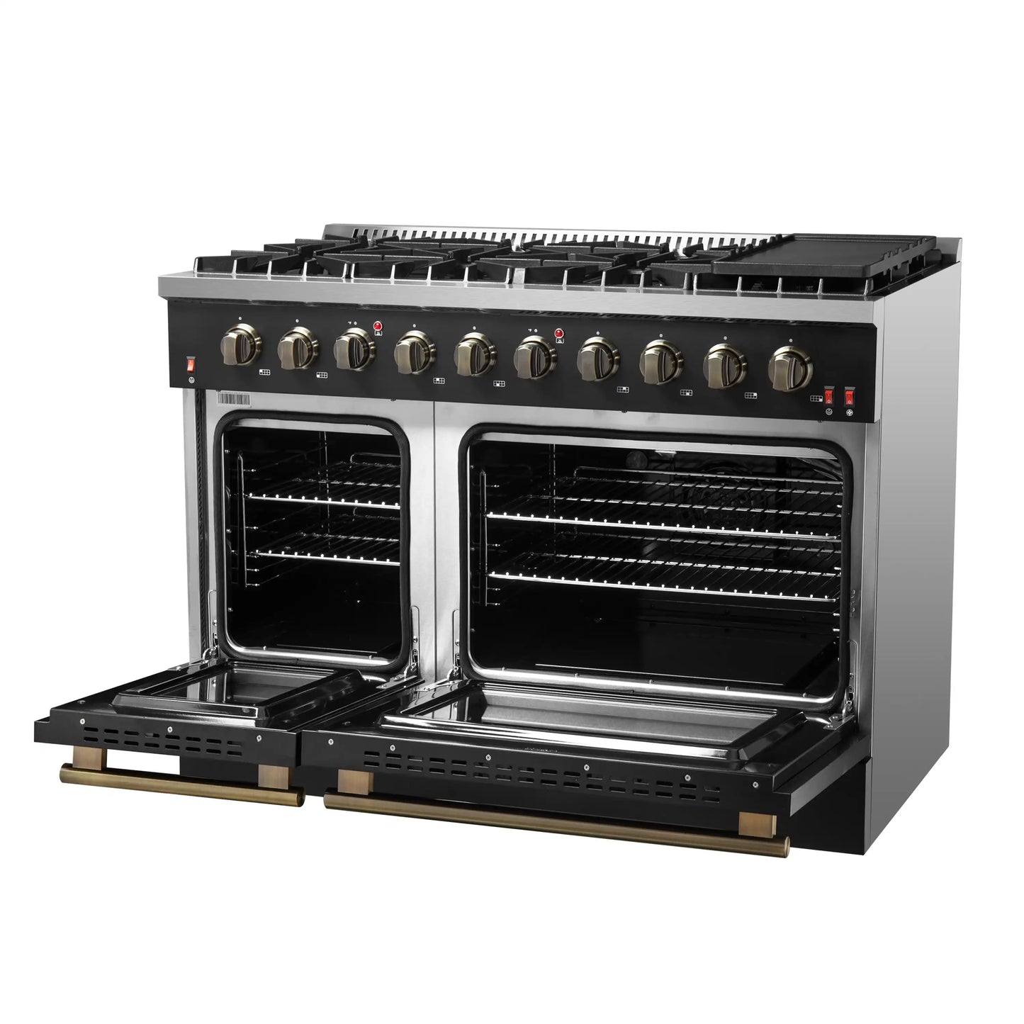 Forno 5-Piece Appliance Package - 48-Inch Gas Range, Wall Mount Range Hood, 60-Inch Refrigerator, Dishwasher, and 30-Inch Microwave Drawer in Black with Antique Brass Handle - AP5-6244-48BLK-5095-60MG-MD30