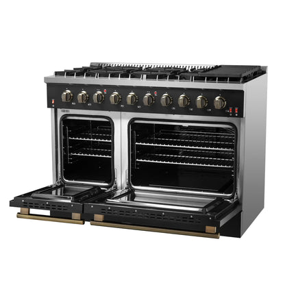 Forno 5-Piece Appliance Package - 48-Inch Gas Range, Wall Mount Range Hood, 60-Inch Refrigerator, Dishwasher, and 30-Inch Microwave Drawer in Black with Antique Brass Handle - AP5-6244-48BLK-5095-60MG-MD30