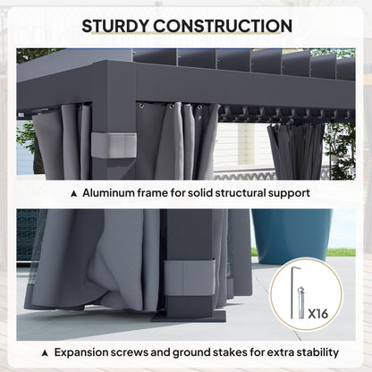 Outsunny 10' x 13' Aluminum Pergola with Adjustable Louvered Roof, Includes Curtains & Netting, Dark Gray - 84C-510V01CG