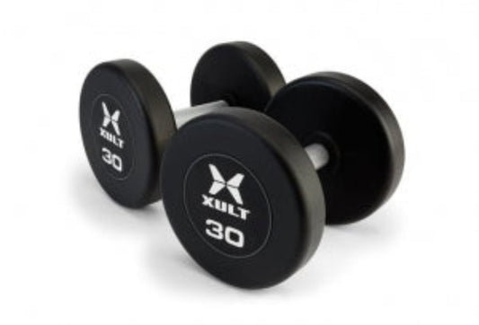 Johnson Health Tech XULT Urethane Round Dumbbells - XULT Urethane Round Dumbbell Pair, Black Plus, 90 lb. - XT-090URE-RND-P