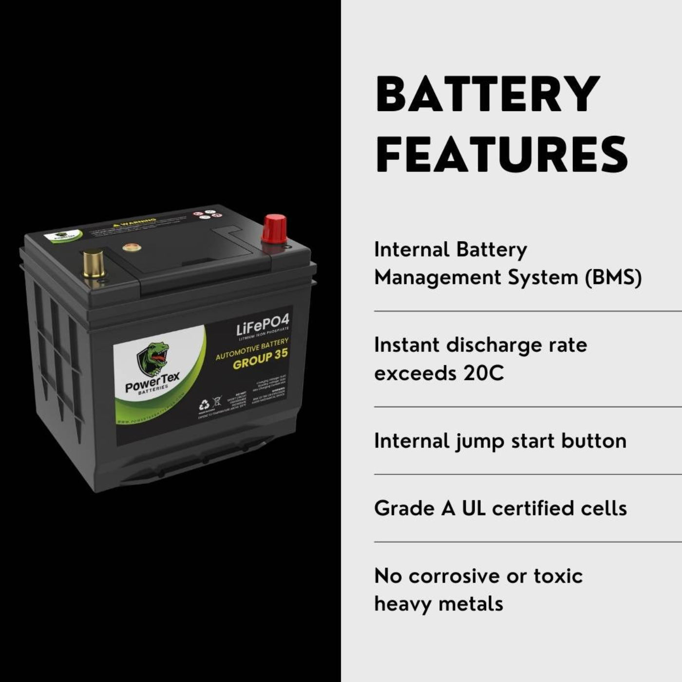 PowerTex 2018 Nissan 370Z Car Battery BCI Group 35 / Q85 Lithium LiFePO4 Automotive Battery - PTLG35-243