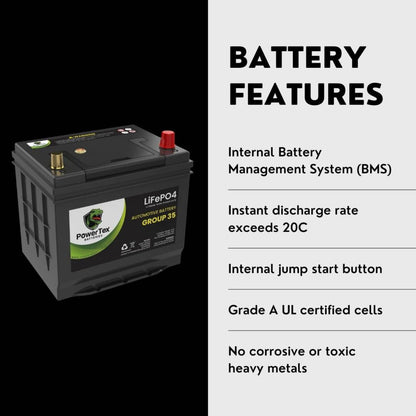 PowerTex 2017 Nissan 370Z Car Battery BCI Group 35 / Q85 Lithium LiFePO4 Automotive Battery - PTLG35-249