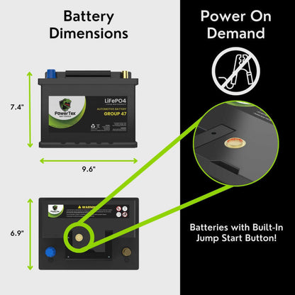 PowerTex 2023 Toyota Camry L4 2.5LReplacement Car Battery BCI Group 47 Lithium LiFePO4 Automotive Powertex Battery - PTLG47-064