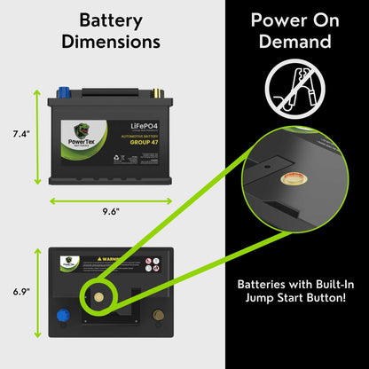 PowerTex 2013 Mini Cooper Countryman Car Battery BCI Group 47 H5 Lithium LiFePO4 Replacement Automotive Battery - PTLG47-453