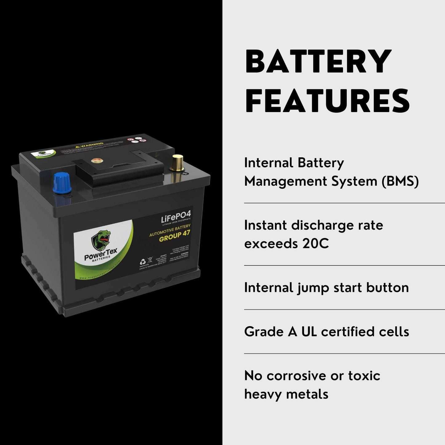 PowerTex 2009 Mini Cooper Car Battery BCI Group 47 H5 Lithium LiFePO4 Replacement Automotive Battery - PTLG47-460