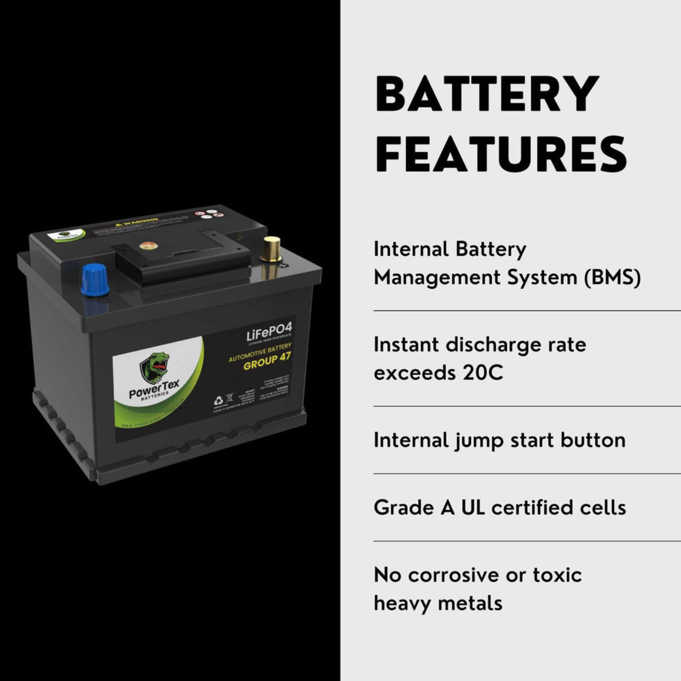 PowerTex 2021 Volkswagen Saveiro L4 1.6LReplacement Car Battery BCI Group 47 Lithium LiFePO4 Automotive Powertex Battery - PTLG47-090