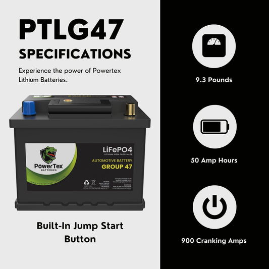 PowerTex 2019 Toyota Camry, Solara Car Battery BCI Group 47 H5 Lithium LiFePO4 Replacement Automotive Battery - PTLG47-511