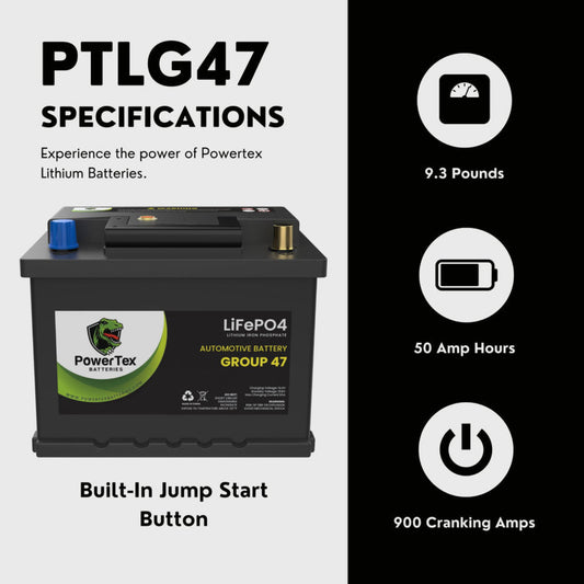 PowerTex 2022 Chevrolet Trax L4 1.4LReplacement Car Battery BCI Group 47 Lithium LiFePO4 Automotive Powertex Battery - PTLG47-017