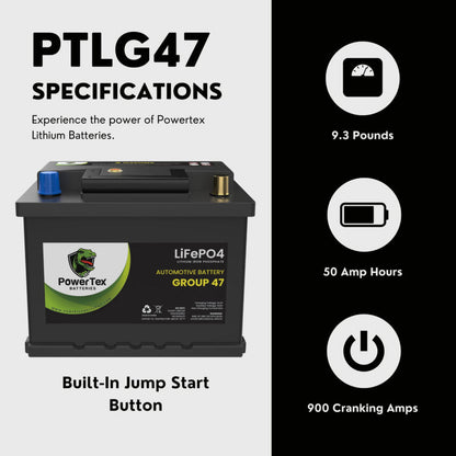 PowerTex 2023 Toyota Camry L4 2.5LReplacement Car Battery BCI Group 47 Lithium LiFePO4 Automotive Powertex Battery - PTLG47-064