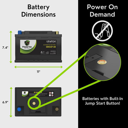 2022 Jeep Gladiator V6 3.6L Replacement Car Battery BCI Group 48 Lithium LiFePO4 Automotive Powertex Battery