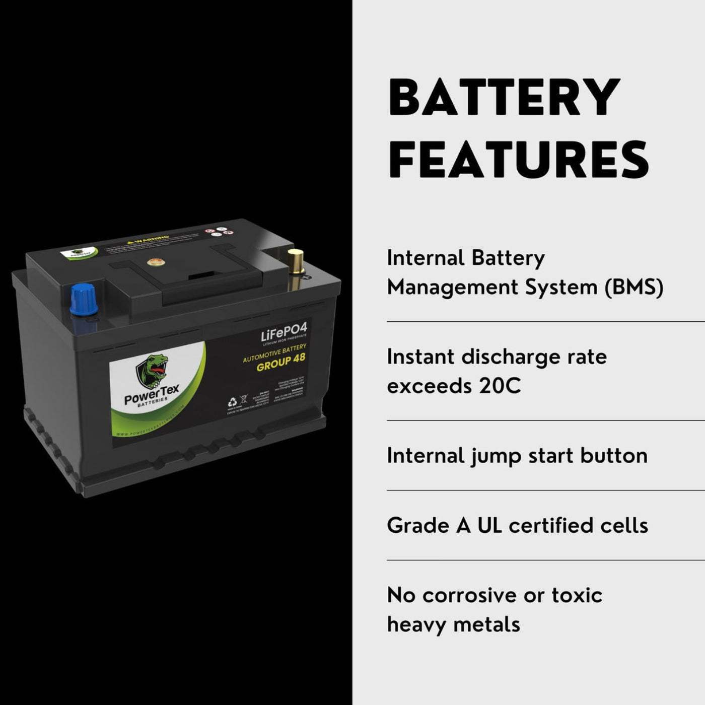 PowerTex 2024 Ford Escape L3 1.5L Replacement Car Battery BCI Group 48 Lithium LiFePO4 Automotive Powertex Battery - PTLG48-0282