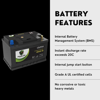 PowerTex 2022 Volkswagen Arteon L4 2.0L Replacement Car Battery BCI Group 48 Lithium LiFePO4 Automotive Powertex Battery - PTLG48-0532