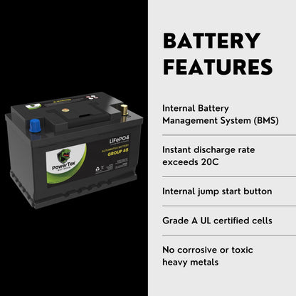 PowerTex 2024 Chevrolet Blazer V6 3.6L Replacement Car Battery BCI Group 48 Lithium LiFeP - PTLG48-0233O4 Automotive Powertex Battery