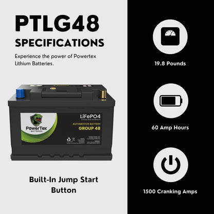 PowerTex 2020-2024 Toyota Supra V6 3.0L Replacement PowerTex Batteries BCI Group 48 / H6 Lithium LiFePO4 Automotive Battery
