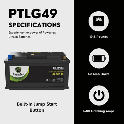 PowerTex 2019 BMW M550i xDrive Car Battery BCI Group 49 / H8 Replacement Lithium LiFePO4 Automotive Battery