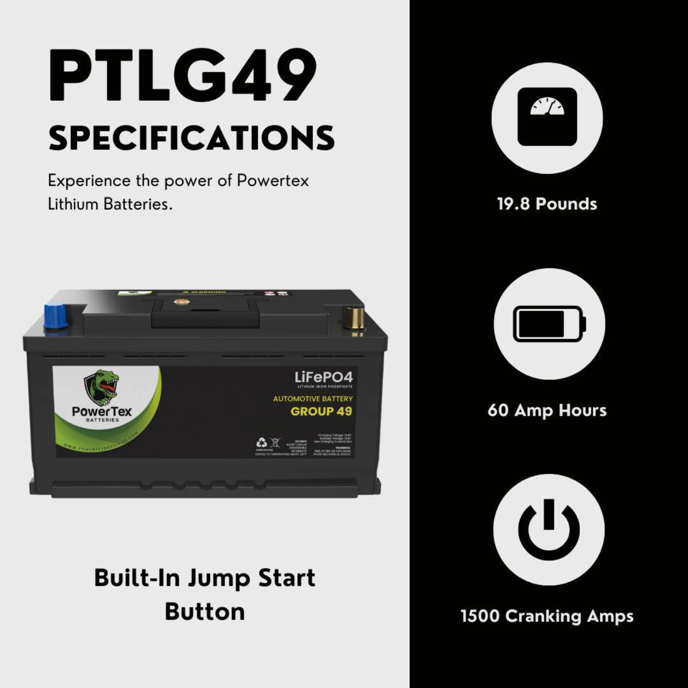 PowerTex 2018 BMW 330e Car Battery BCI Group 49 / H8 Replacement Lithium LiFePO4 Automotive Battery
