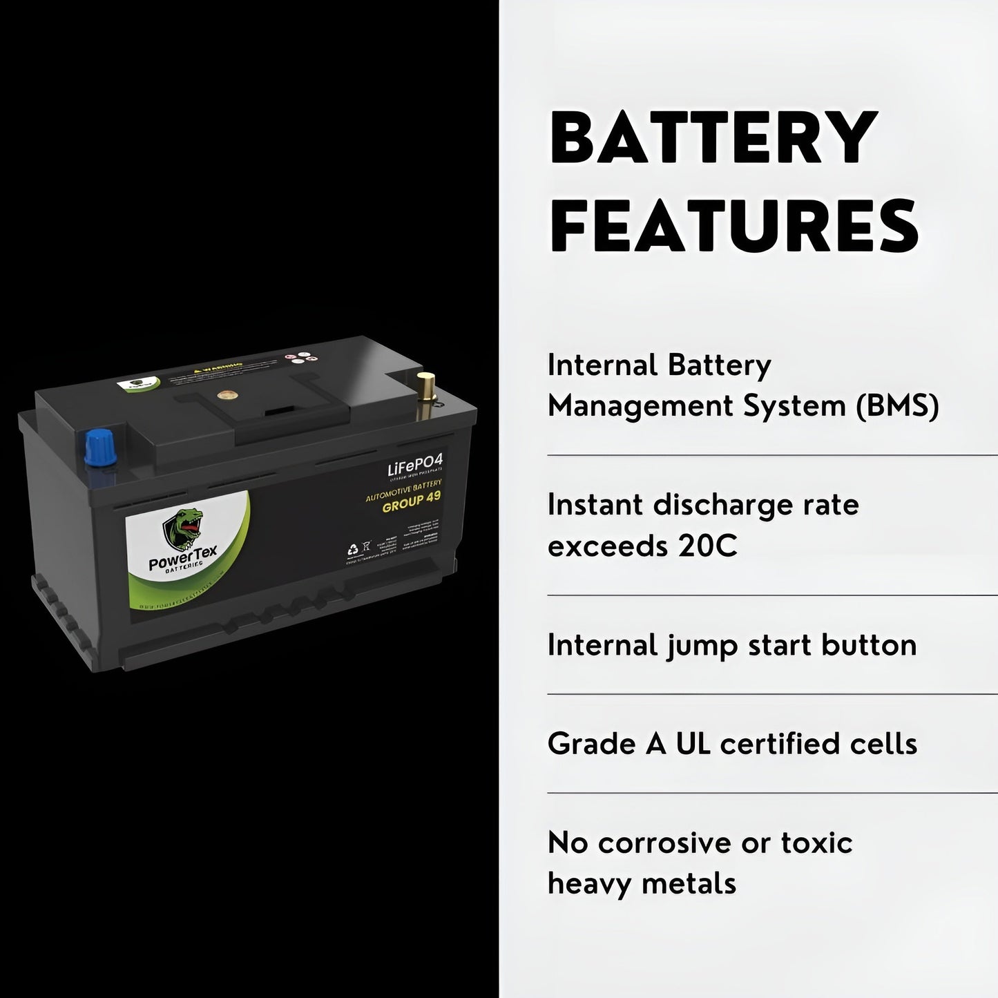 PowerTex 2019 BMW 440i Car Battery BCI Group 49 / H8 Replacement Lithium LiFePO4 Automotive Battery