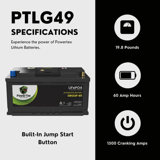 PowerTex 2024 Audi Q5 L4 2.0LReplacement Car Battery BCI Group 49 Lithium LiFePO4 Automotive Powertex Battery - PTLG49-0241