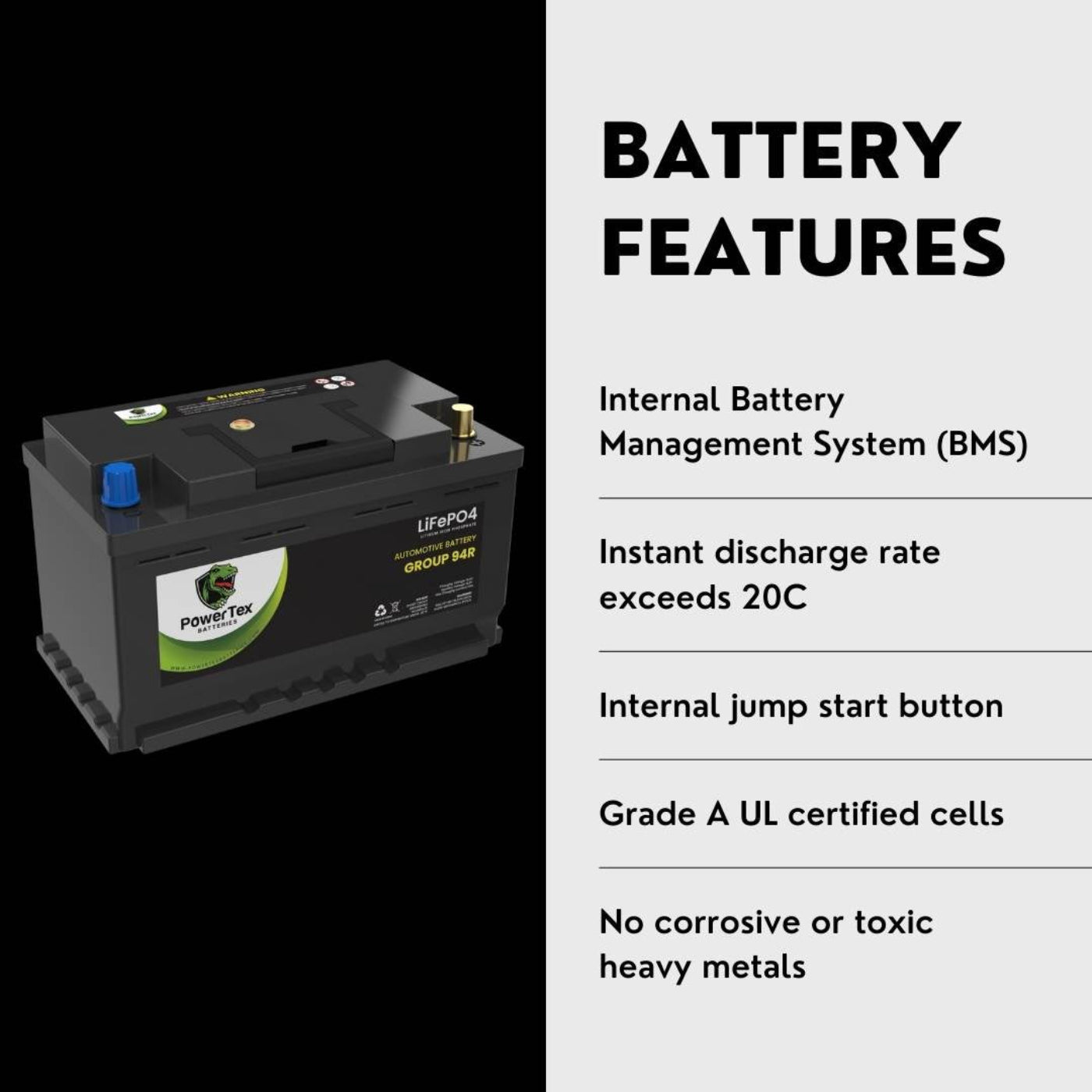 PowerTex 2011 Porsche Cayenne Car Battery BCI Group 94R / H7 Lithium LiFePO4 Automotive Battery - PTLG94R-1159