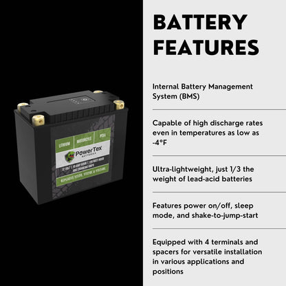 PowerTex Batteries YTX20L-BS LiFePO4 Lithium Iron Phosphate Motorcycle Battery