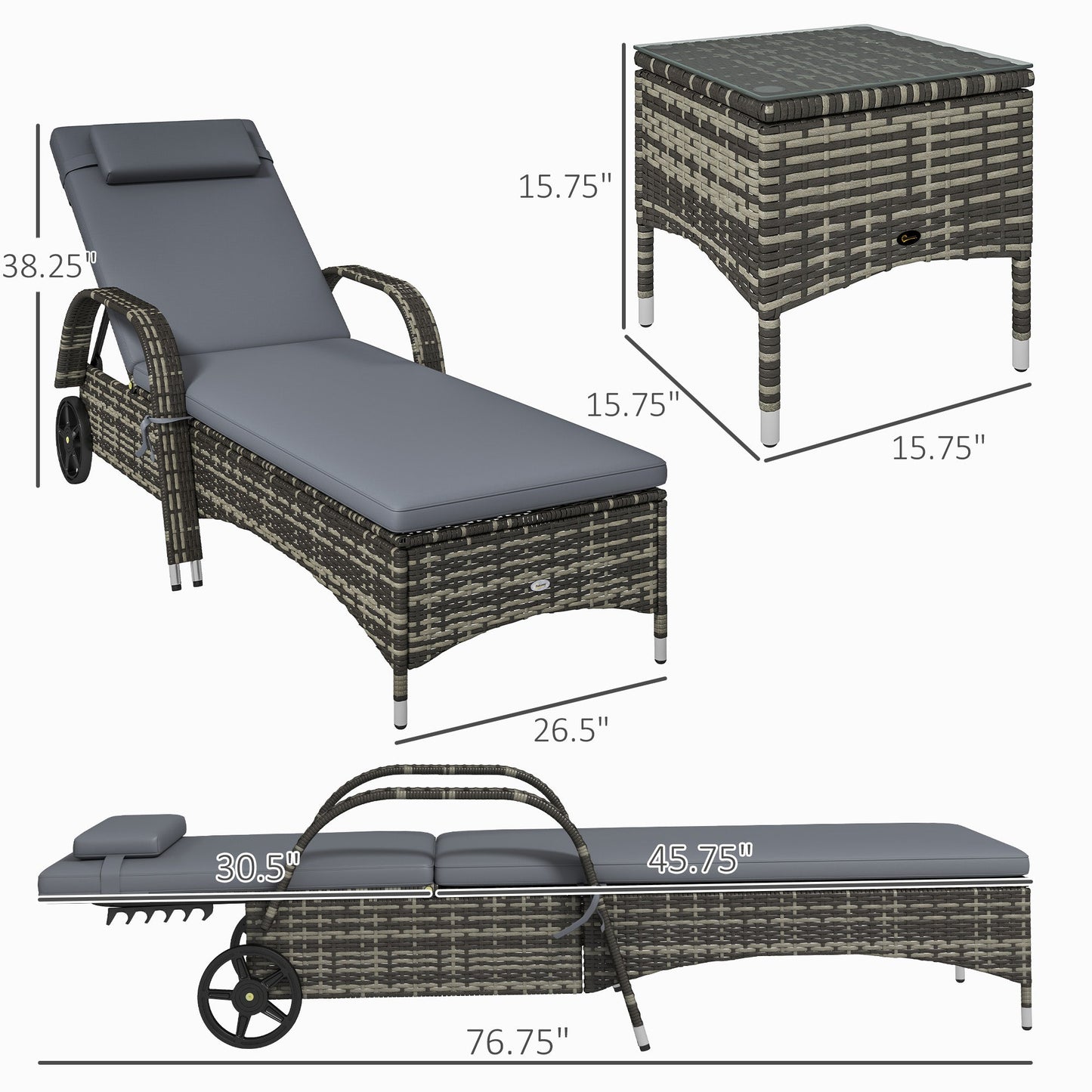 Outsunny 3-Piece Wicker Chaise Lounge Chair Set with Side Table, 5-Level Adjustable Backrest, Gray - 862-014V02GY