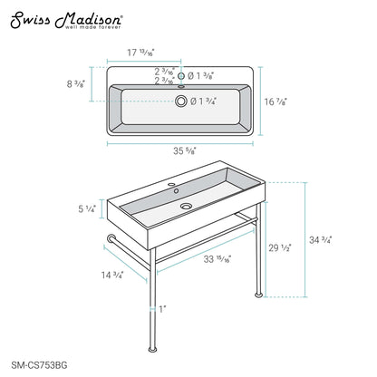 Swiss Madison Carre 36 Ceramic Console Sink Matte Black Basin Brushed Gold Legs - SM-CS753BG - Backyard Provider