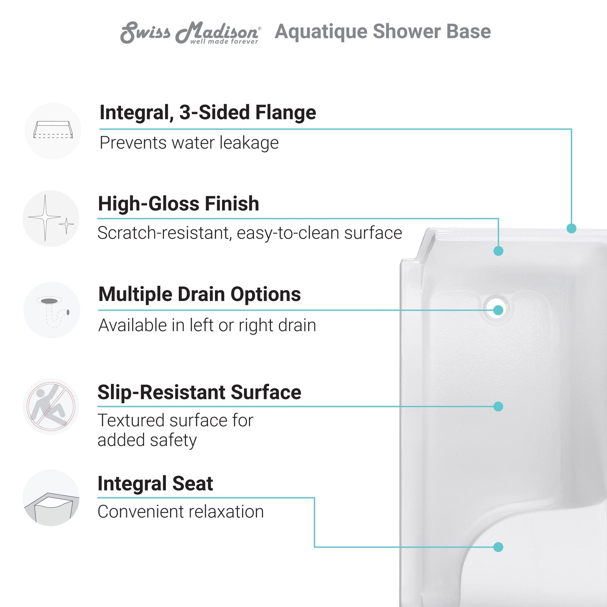 Swiss Madison Aquatique 60" x 32" Right Drain, Shower Base - SM-SB538W - Backyard Provider