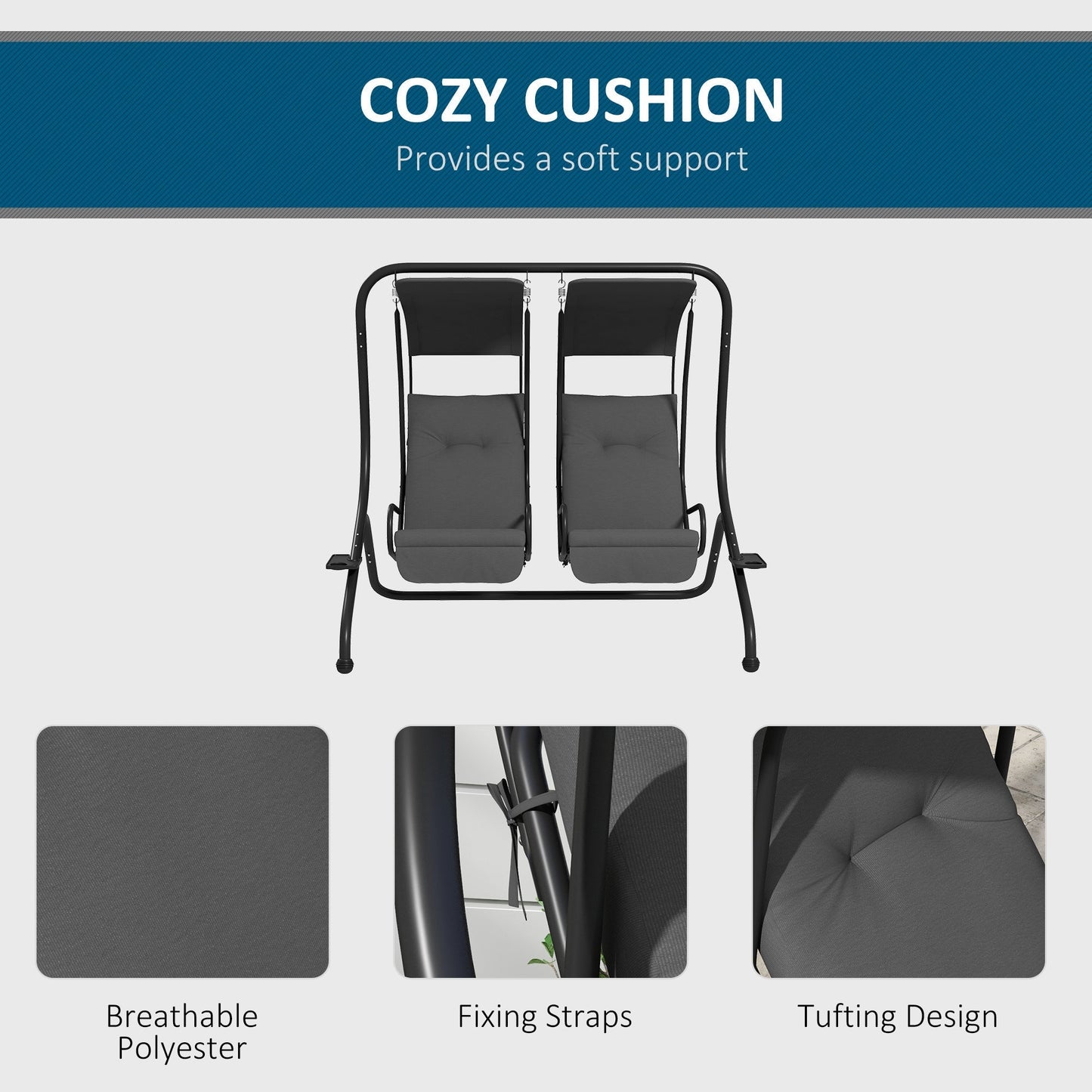 Outsunny 2-Seater Outdoor Swing Chair with Canopy for Porch, Patio, Backyard - Gray - 84A-052V03GY
