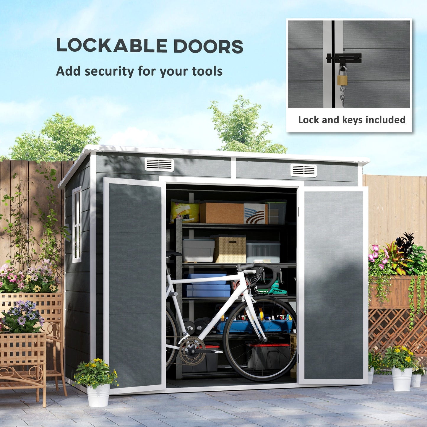 Outsunny EverBase 8' x 4' Outdoor Storage Shed with Window, Lockable Doors and Vents, Gray - 84H-156V00GY