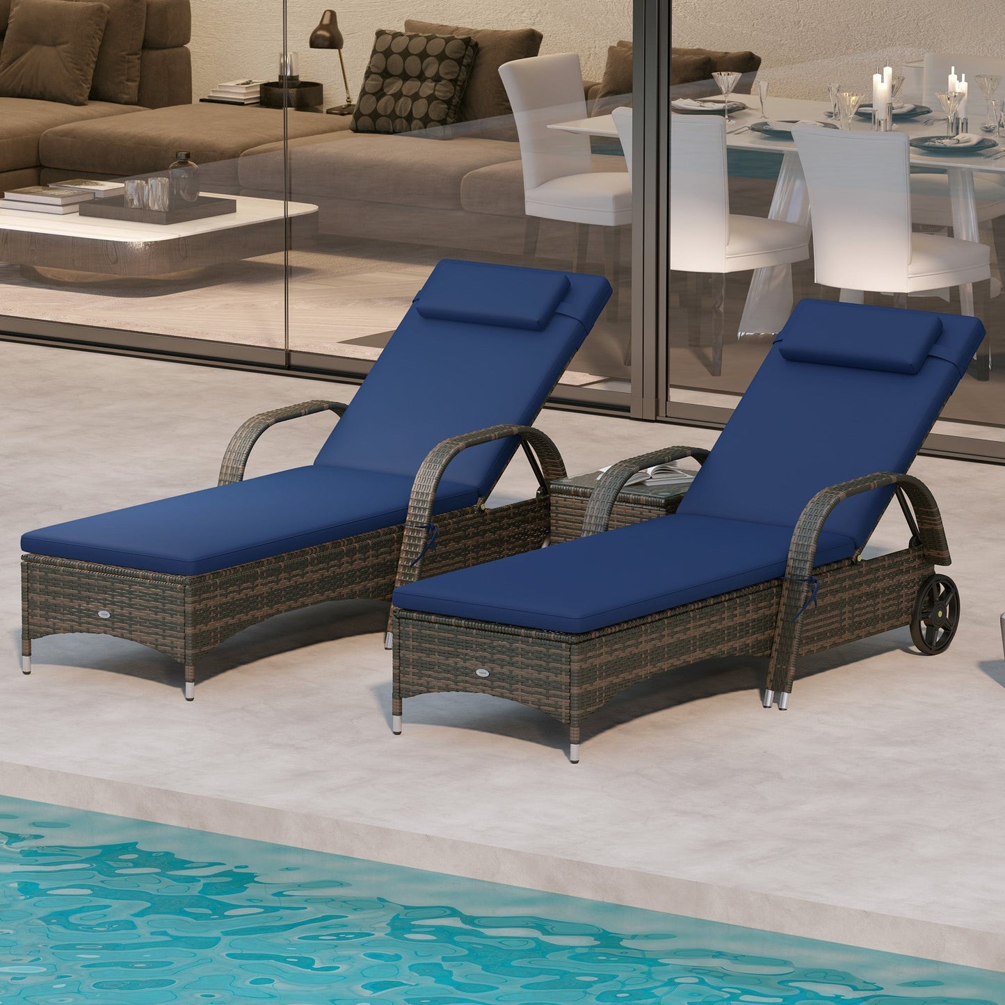 Outsunny 3-Piece Wicker Chaise Lounge Chair Set with Side Table, 5-Level Adjustable Backrest, Dark Blue - 862-011V01DB
