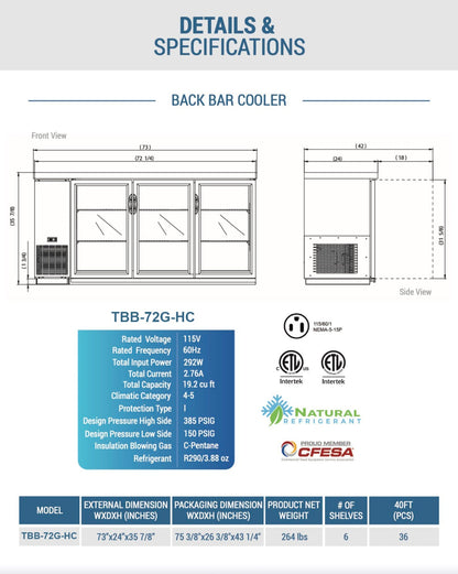 Chef AAA - TBB-72G-HC, Commercial 73" Glass Door Back Bar Refrigerator 19.2 cu.ft. - TBB-72G-HC