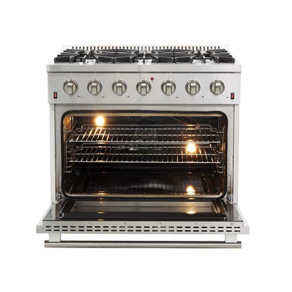 Forno 4-Piece Appliance Package - 36-Inch Gas Range, 60-Inch Pro-Style Refrigerator, Wall Mount Hood with Backsplash, & 3-Rack Dishwasher in Stainless Steel - AP4-60S-6244-36