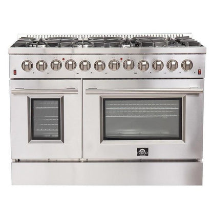 Forno 4-Piece Appliance Package - 48-Inch Dual Fuel Range, Refrigerator, Wall Mount Hood with Backsplash, & 3-Rack Dishwasher in Stainless Steel - AP4-6156-48