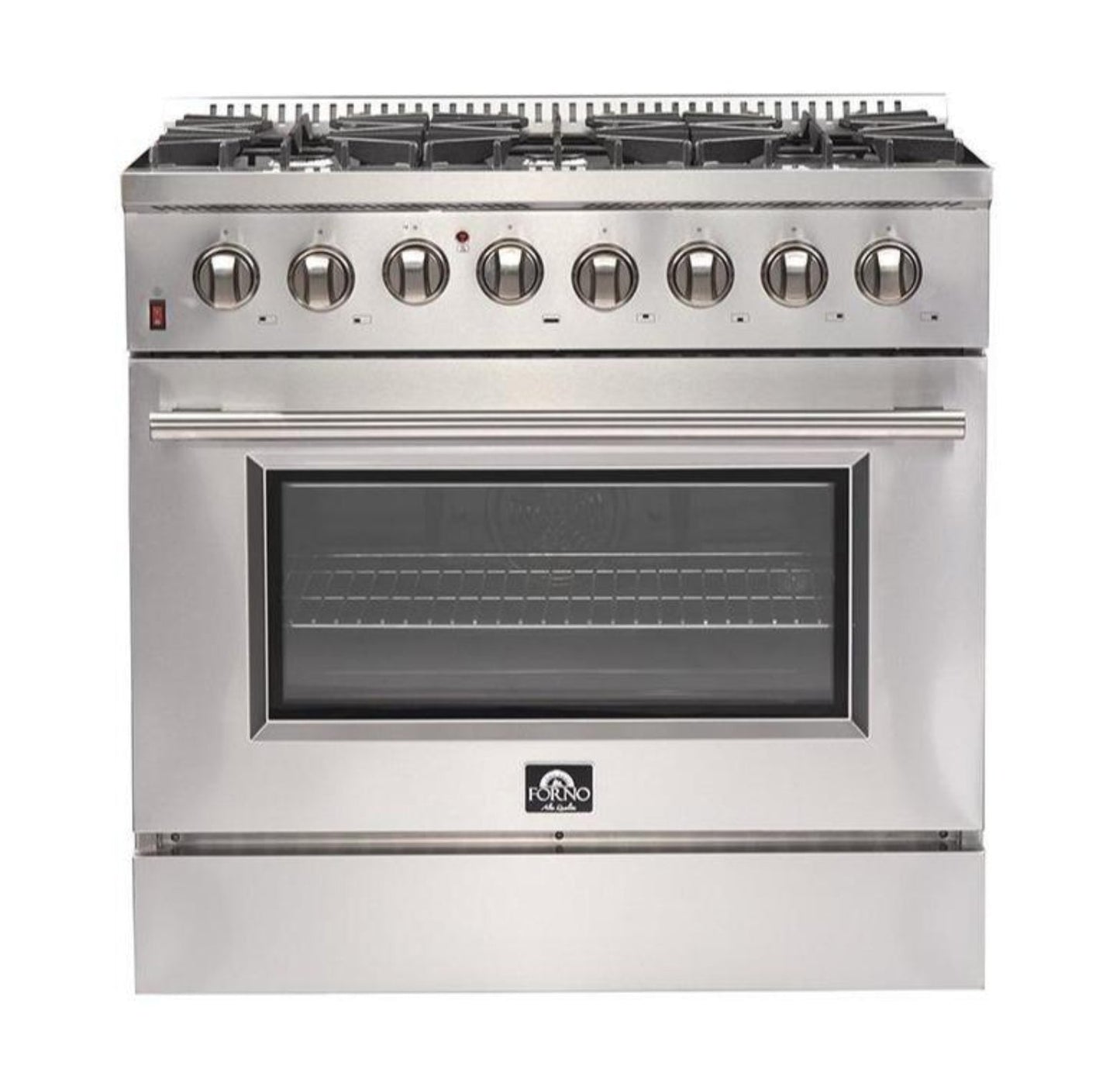 Forno 5-Piece Appliance Package - 36-Inch Dual Fuel Range, Refrigerator, Wall Mount Hood with Backsplash, 24-Inch Microwave Oven, & 3-Rack Dishwasher in Stainless Steel - AP5-6156-36-MWO