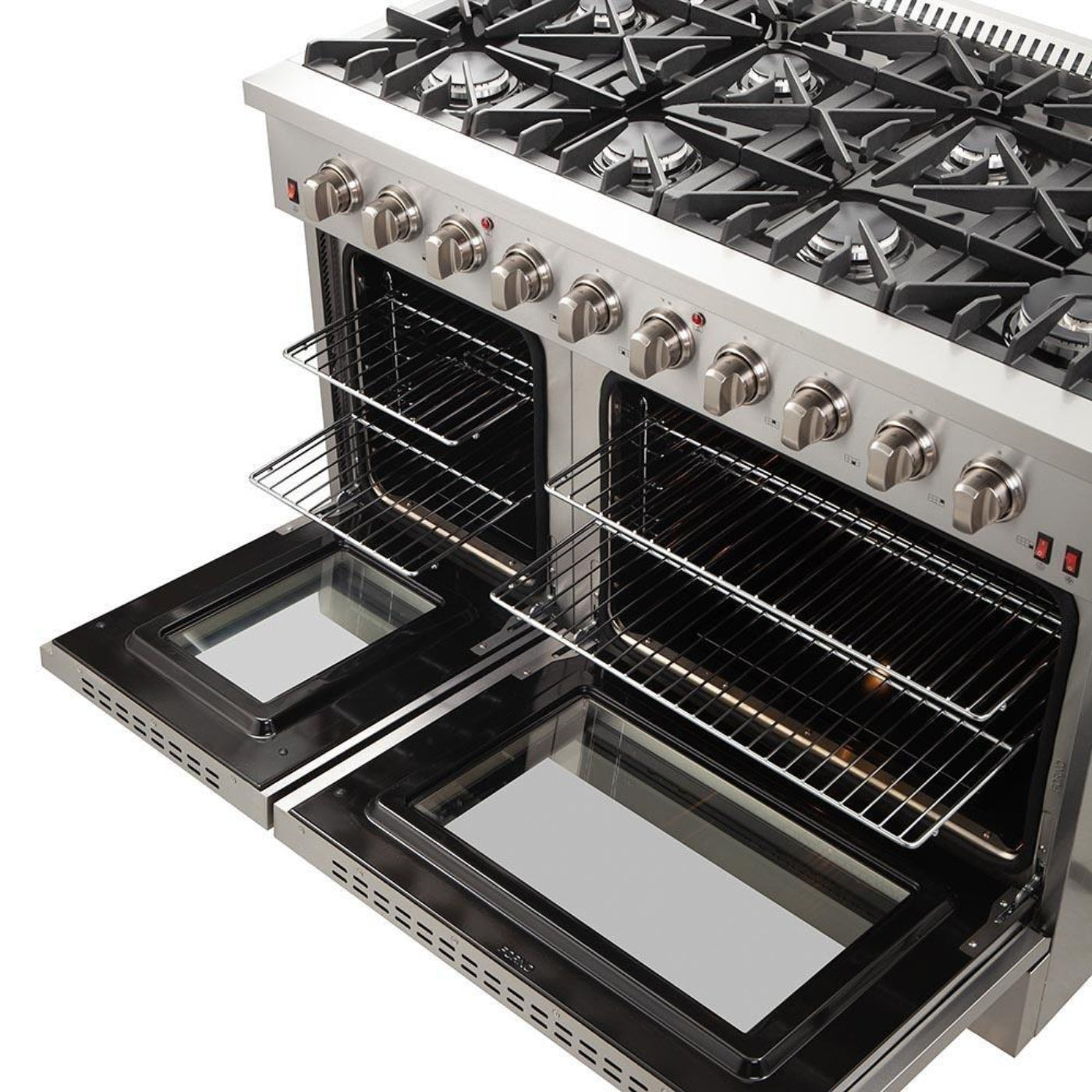 Forno 4-Piece Appliance Package - 48-Inch Gas Range, Refrigerator with Water Dispenser, Wall Mount Hood, & 3-Rack Dishwasher in Stainless Steel - APW4-6244-48-H
