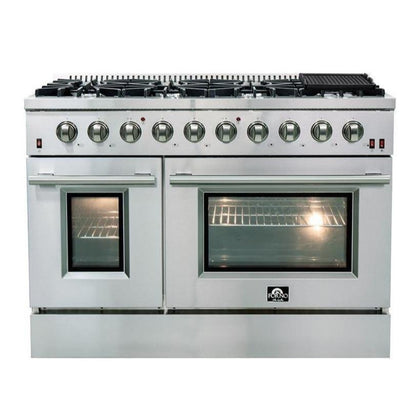 Forno 5-Piece Appliance Package - 48-Inch Gas Range, 60-Inch Pro-Style Refrigerator, Wall Mount Hood, 24-Inch Microwave Drawer, & 3-Rack Dishwasher in Stainless Steel - APD5-6244-48-H-MWD