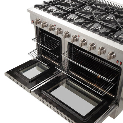 Forno 5-Piece Appliance Package - 48-Inch Gas Range, 60-Inch Pro-Style Refrigerator, Wall Mount Hood, 24-Inch Microwave Oven, & 3-Rack Dishwasher in Stainless Steel - APD5-6244-48-H-MWO